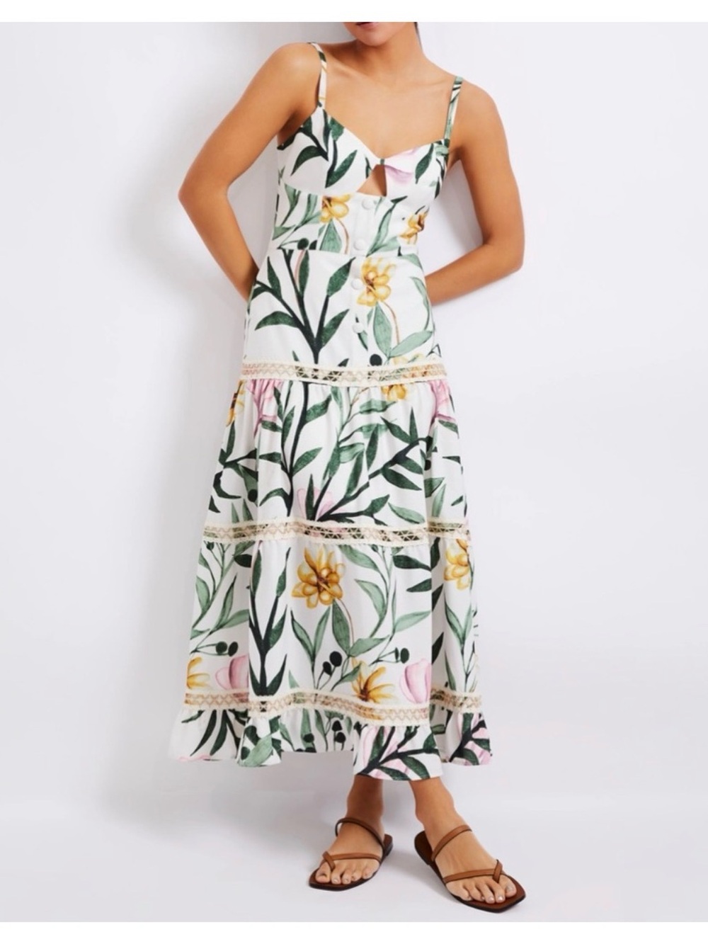 PatBO Jasmine fitted tropical-print midi dress size 10